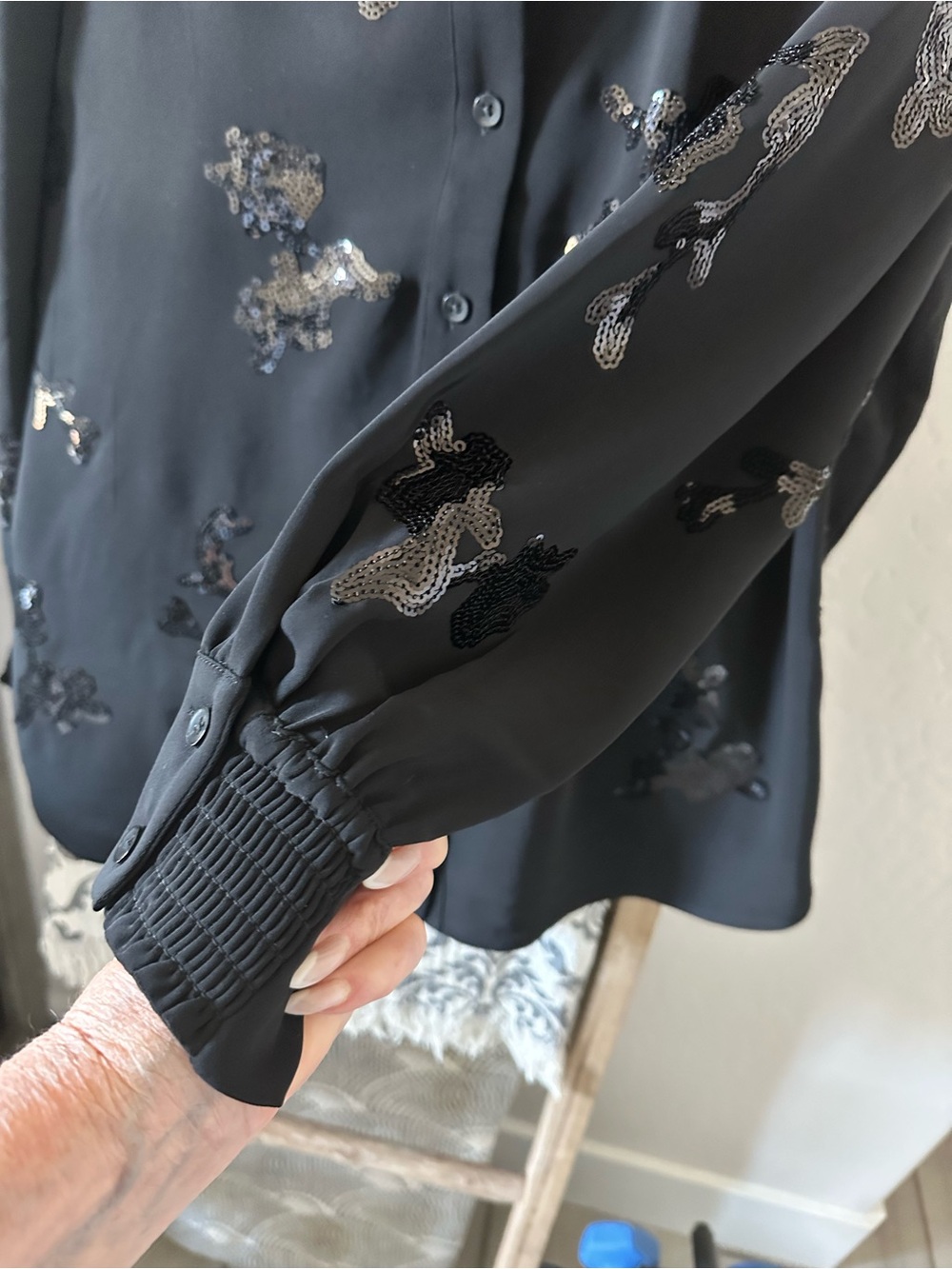 Chico's Black Sequin Stripe Button-Down Shirt - Picture 8 of 11